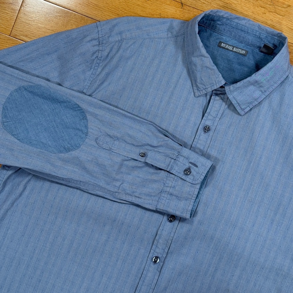 Michael Bastian Mens XXL Blue Micro Check Elbow Patch Button Down Shirt Long Slv